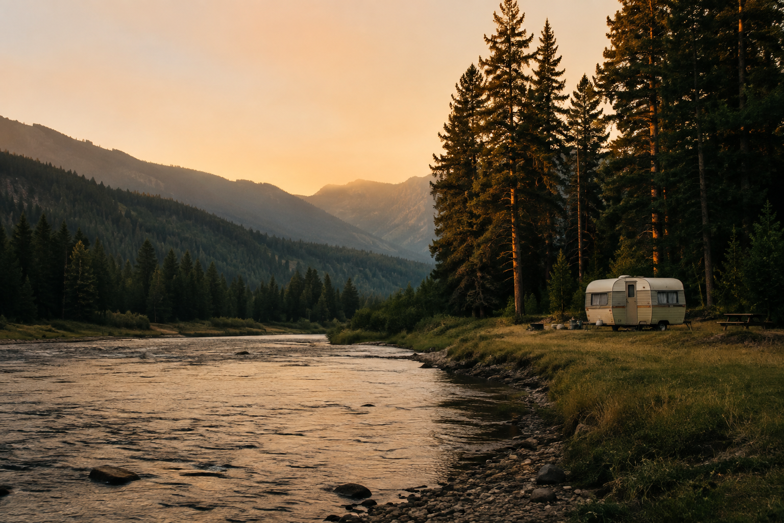 A riverside campsite among pines and mountains at dawn